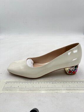 YDN White Crystal Rhinestone Block Heeled Pumps Round Toe Slip On Party Shoe